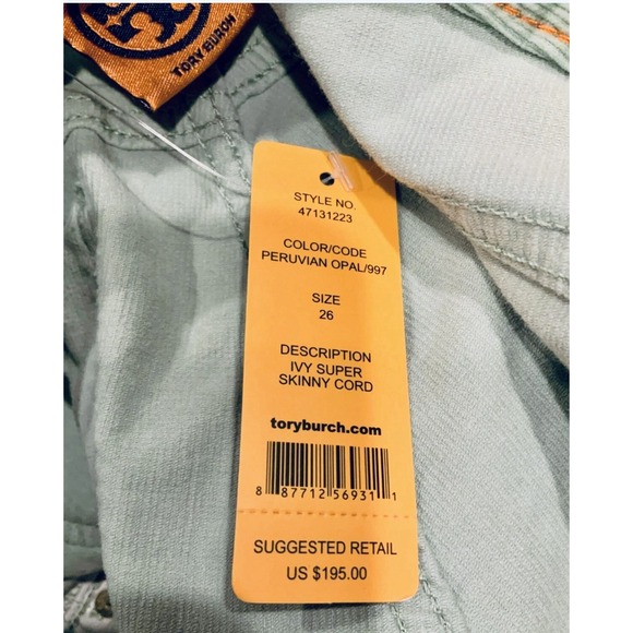 Tory Burch Women's Mint Lime Green Low Rise Ivy Super Skinny Corduroy Pants 28 - Picture 6 of 6
